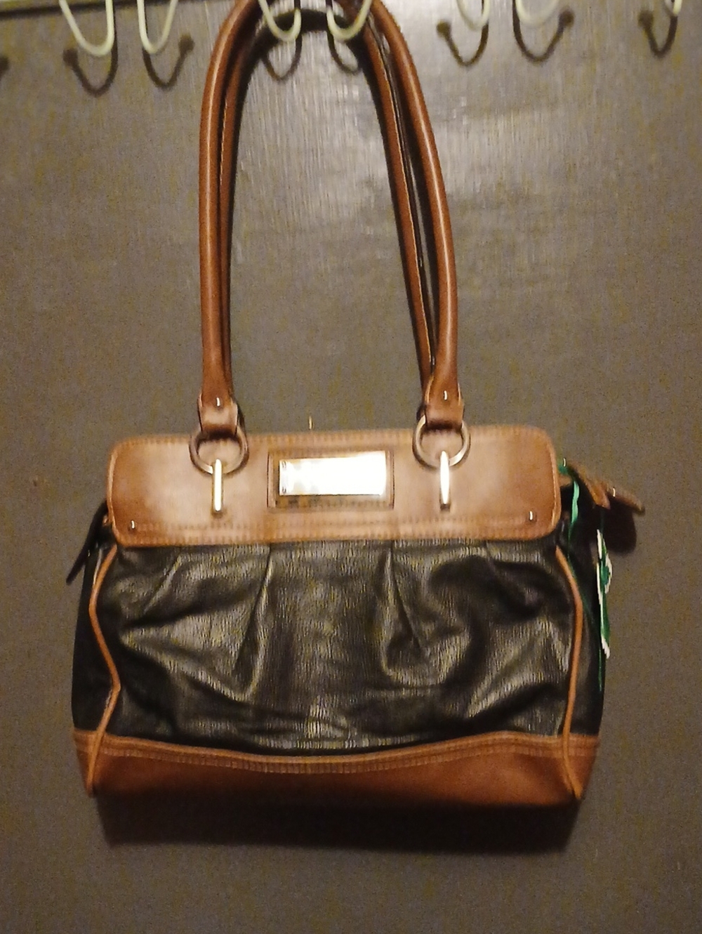 Chaps Black and Brown Leather-Trim Shoulder Bag